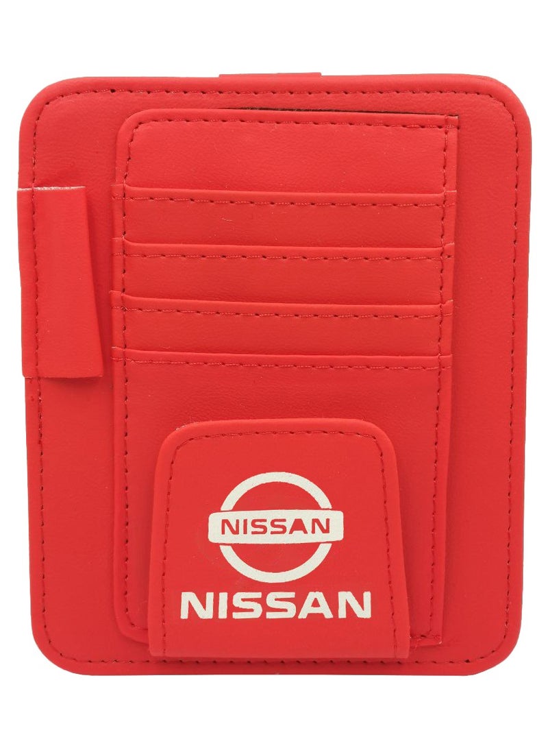 نيسان حامل تذاكر نيسان من الجلد الصناعي وحامل نظارات السيارة ومحفظة بطاقات السيارة ومنظم حاجب الشمس للسيارة - أحمر - Image 1
