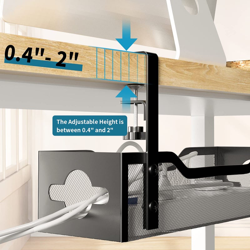 Litwaro Under Desk Cable Management Tray No Drill, Metal Mesh Cable Management Under Desk with Clamp Mount, 2 Hole Cable Tray with Wire Management and Cord Organizer for Home Office Standing Desk - Image 3