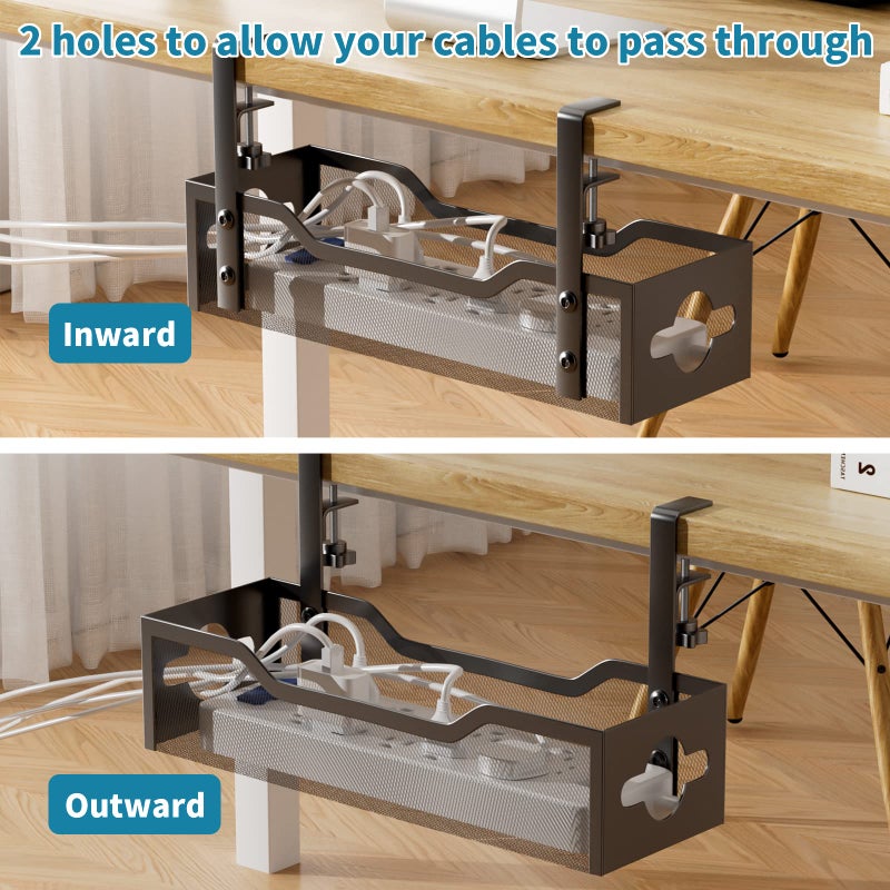 Litwaro Under Desk Cable Management Tray No Drill, Metal Mesh Cable Management Under Desk with Clamp Mount, 2 Hole Cable Tray with Wire Management and Cord Organizer for Home Office Standing Desk - Image 5