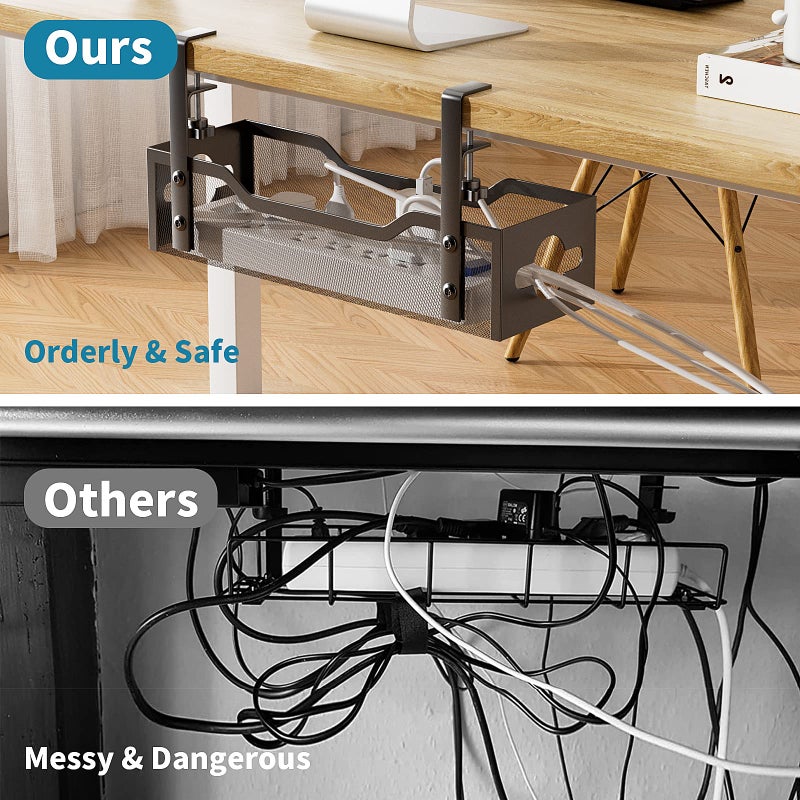 Litwaro Under Desk Cable Management Tray No Drill, Metal Mesh Cable Management Under Desk with Clamp Mount, 2 Hole Cable Tray with Wire Management and Cord Organizer for Home Office Standing Desk - Image 4