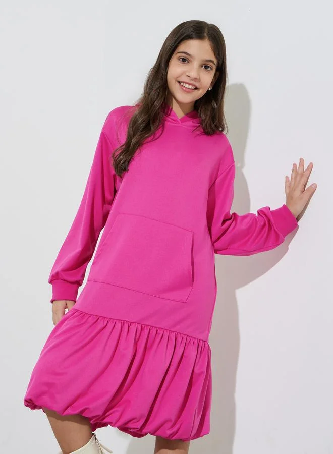 Styli Teen Girls Pink Midi Hoodie Dress with Kangaroo Pocket