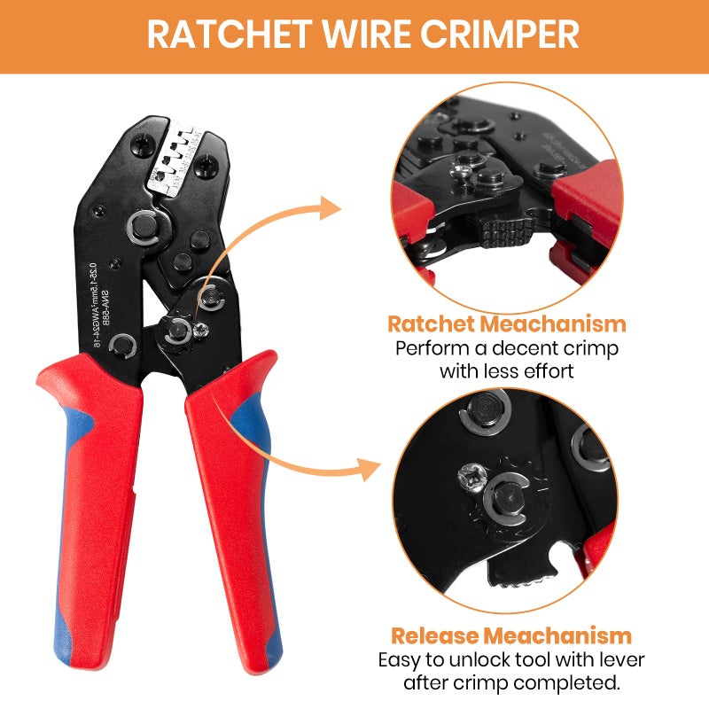 Amliber Wire Crimping Tool with Ratchet, Amliber Ratchet Wire Crimper Tool for Open Barrel Terminal Connectors, Electrical Crimping Tool for Deutsch DELPHI AMP Dupont TYCO Terminals, 24-14 AWG - Image 2