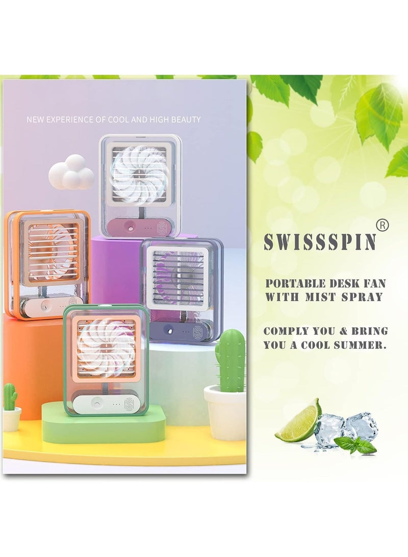 Portable Desk Fan with Mist Spray, USB Rechargeable, LED Night Light, 3-Speed Touch Control, Type-C Charging, Multicolor - Image 3
