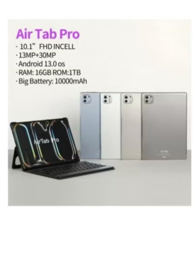 AirTab 10.1-Inch Android 13 Pro Tablet with Arabic Keyboard | 16GB RAM + 1TB ROM | Full HD Touchscreen | Dual SIM 4G LTE + Wi-Fi | Silver Tablet PC with Wireless Mouse, Keyboard, Stylus Pen & Accessories | Ideal for Office, Study, Gaming & Travel - Image 2