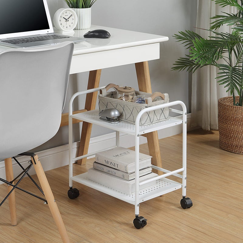 SunnyPoint 2-Tier Metal Rolling Utility Cart â€“ Mobile Storage Shelf with Caster Wheels â€“ Small Space Organizer for Home, Office, Bedroom, Kitchen (WHT) - Image 3