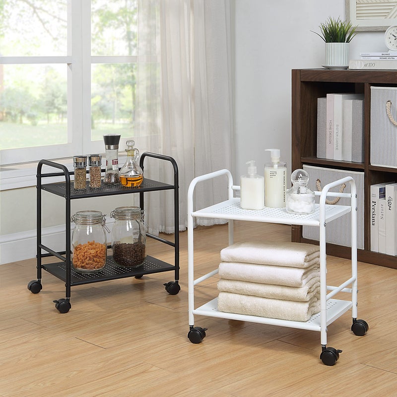SunnyPoint 2-Tier Metal Rolling Utility Cart â€“ Mobile Storage Shelf with Caster Wheels â€“ Small Space Organizer for Home, Office, Bedroom, Kitchen (WHT) - Image 5
