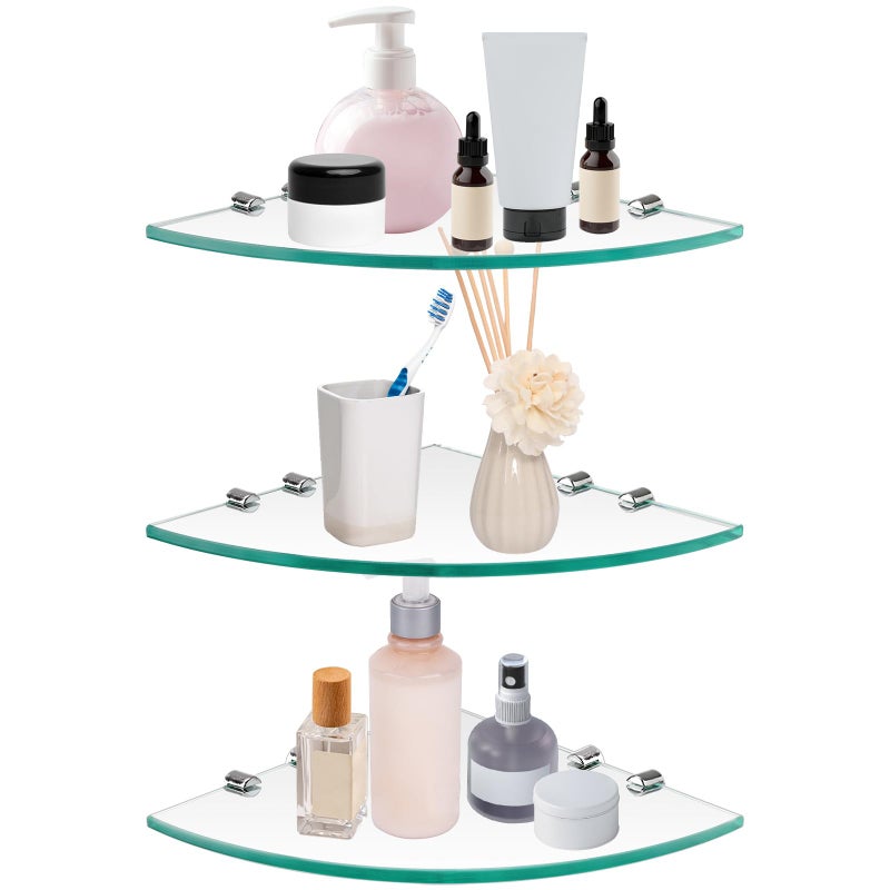 Kingrol 3 Pack Glass Bathroom Shower Shelves Extra Thick Wall Mounted Shelves Clear Floating Corner Shelves for Kitchen Bathroom Living Room Office