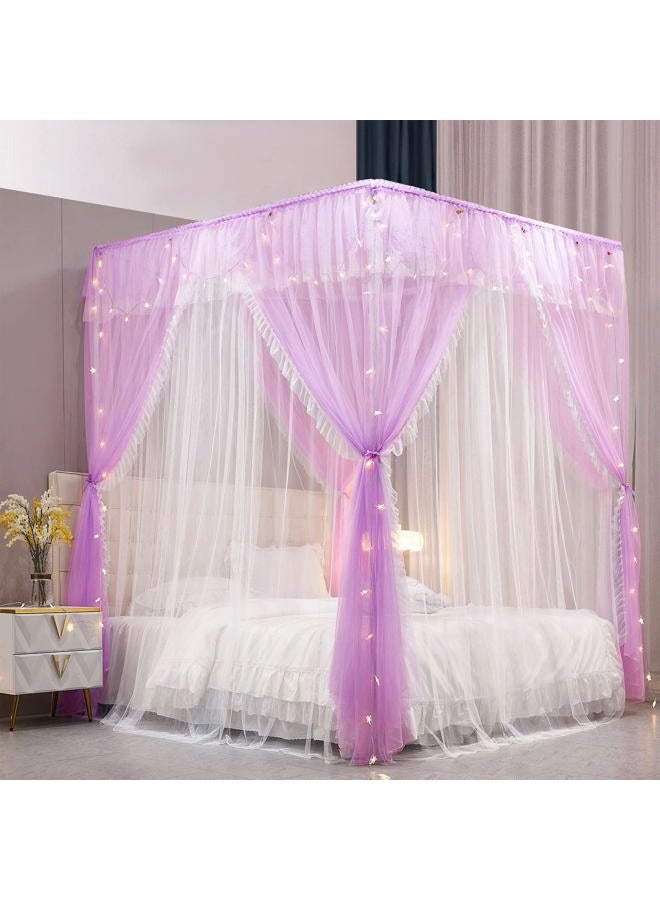 VETHIN 4 Corners Post Ruffle Princess Bed Canopy Curtain, Double Layer Cozy Curtain Net, 4 Openings, Bedroom Decoration (Double Purple, 47" Wx78 Lx82 H/D) Win - Image 2