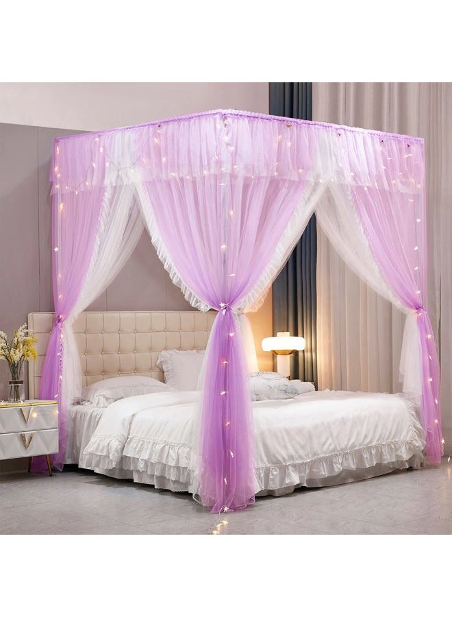 VETHIN 4 Corners Post Ruffle Princess Bed Canopy Curtain, Double Layer Cozy Curtain Net, 4 Openings, Bedroom Decoration (Double Purple, 47" Wx78 Lx82 H/D) Win - Image 1