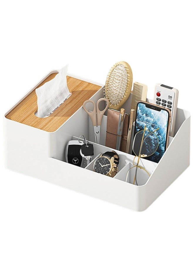 Multi-Purpose Desk Organizer With Built-In Tissue Box – Plastic Case With Bamboo Lid And 6 Compartments For Organization – Ideal For Bathroom, Kitchen, Office And Living Room – For Storing Tissues, Pens, Keys And Office Supplies - Image 1