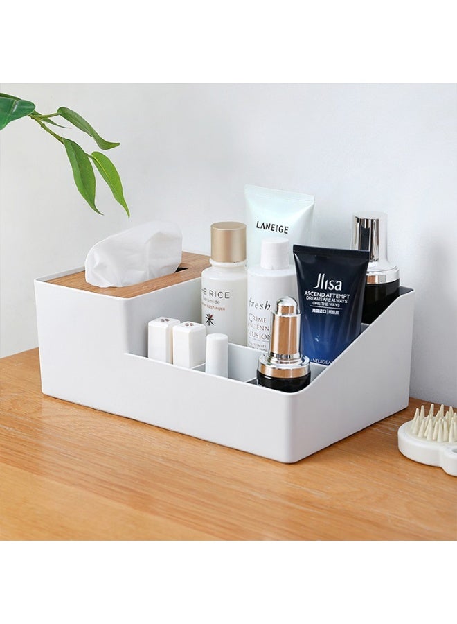 Multi-Purpose Desk Organizer With Built-In Tissue Box – Plastic Case With Bamboo Lid And 6 Compartments For Organization – Ideal For Bathroom, Kitchen, Office And Living Room – For Storing Tissues, Pens, Keys And Office Supplies - Image 2