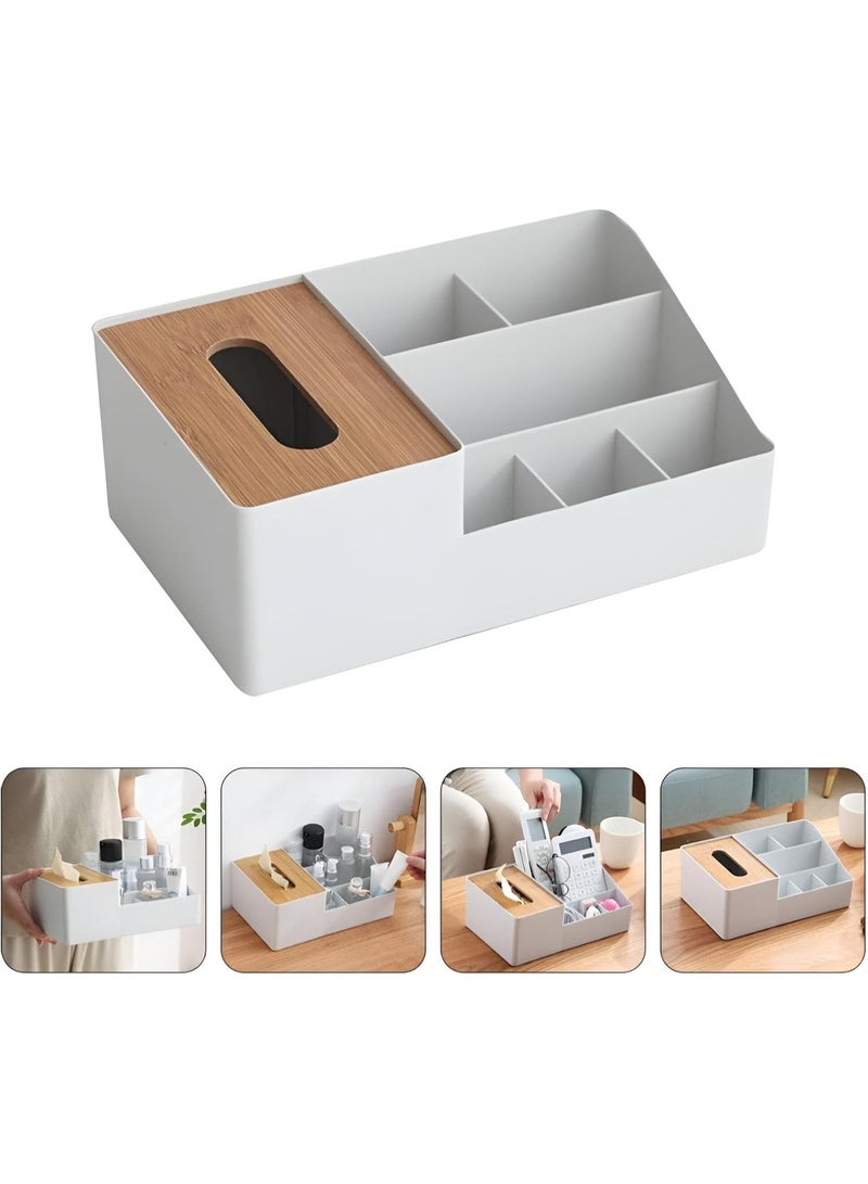 Multi-Purpose Desk Organizer With Built-In Tissue Box – Plastic Case With Bamboo Lid And 6 Compartments For Organization – Ideal For Bathroom, Kitchen, Office And Living Room – For Storing Tissues, Pens, Keys And Office Supplies - Image 4
