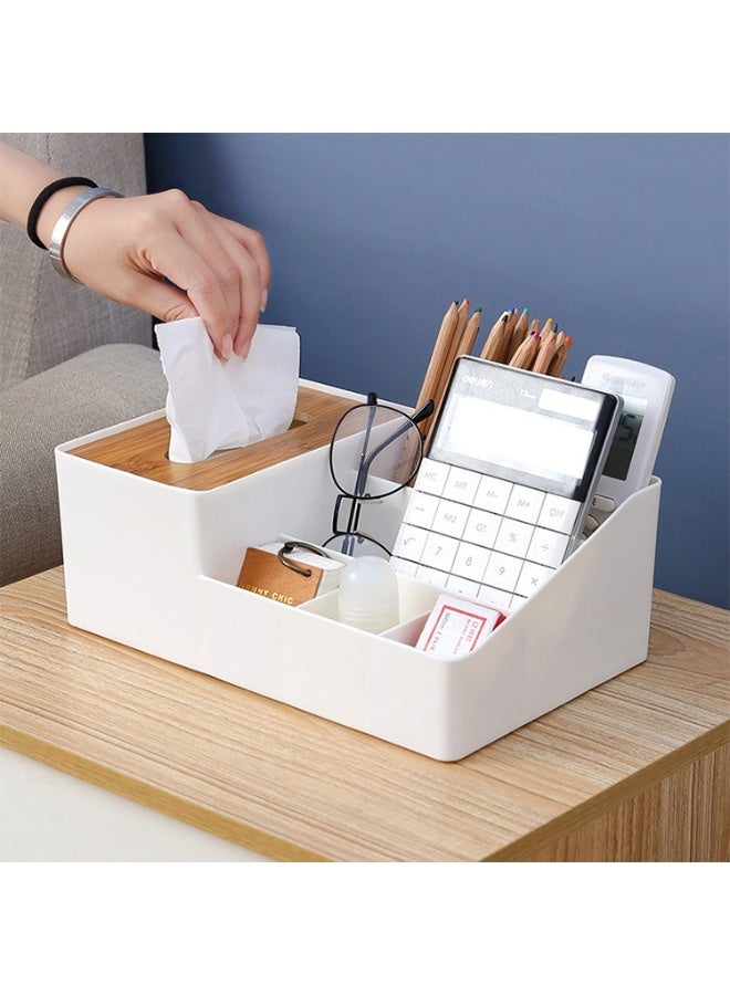 Multi-Purpose Desk Organizer With Built-In Tissue Box – Plastic Case With Bamboo Lid And 6 Compartments For Organization – Ideal For Bathroom, Kitchen, Office And Living Room – For Storing Tissues, Pens, Keys And Office Supplies - Image 3