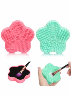 2 Pcs Makeup Brush Cleaning Mat, Cosmetic Brush Cleaning Pad with Color Removal Sponge, 2 in 1 Design Silicone Cleaner Box for Dry Brush Color Switch and Wet Cleaning, Flower Green & Pink