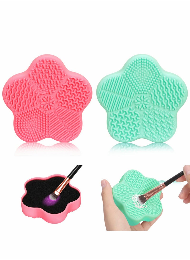 KASTWAVE - 2 Pcs Makeup Brush Cleaning Mat, Cosmetic Brush Cleaning Pad with Color Removal Sponge, 2 in 1 Design Silicone Cleaner Box for Dry Brush Color Switch and Wet Cleaning, Flower Green & Pink - Image 1