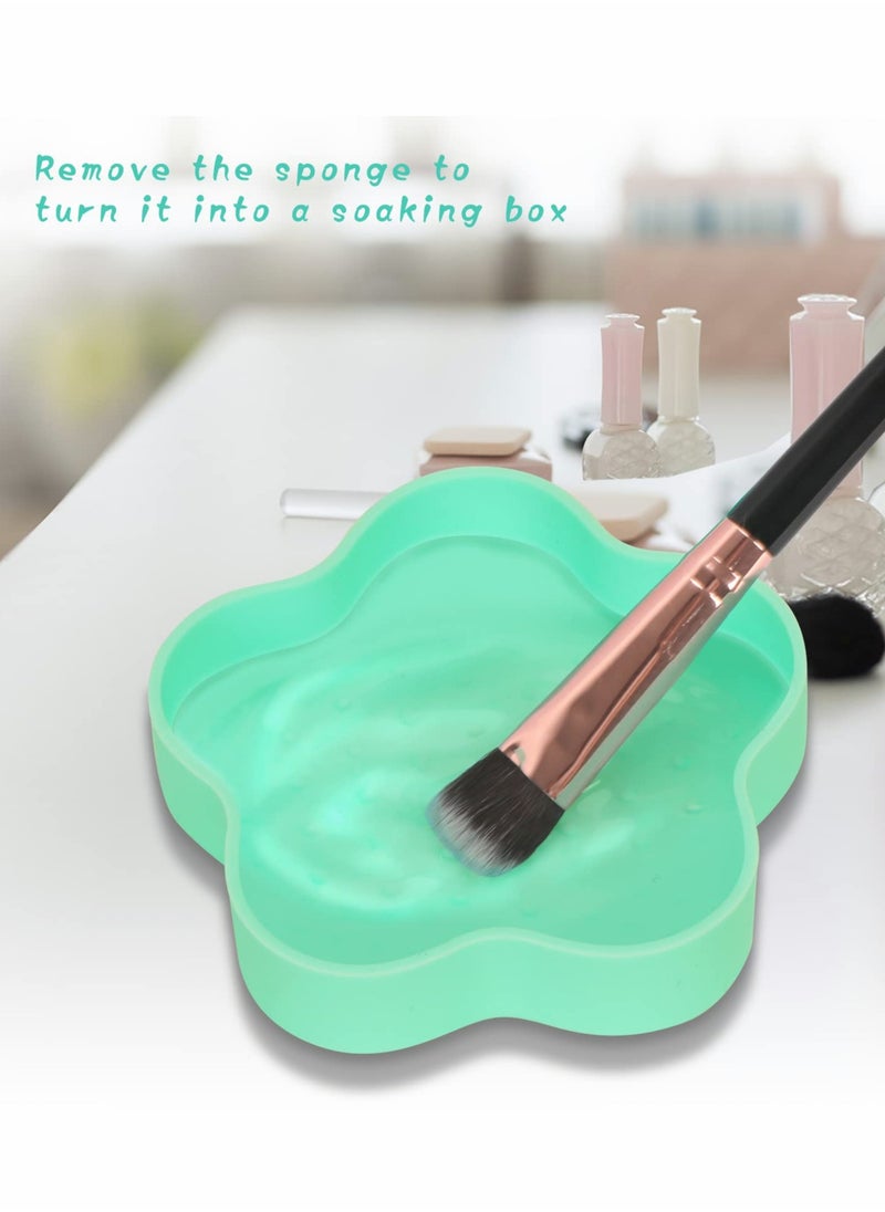 KASTWAVE - 2 Pcs Makeup Brush Cleaning Mat, Cosmetic Brush Cleaning Pad with Color Removal Sponge, 2 in 1 Design Silicone Cleaner Box for Dry Brush Color Switch and Wet Cleaning, Flower Green & Pink - Image 1