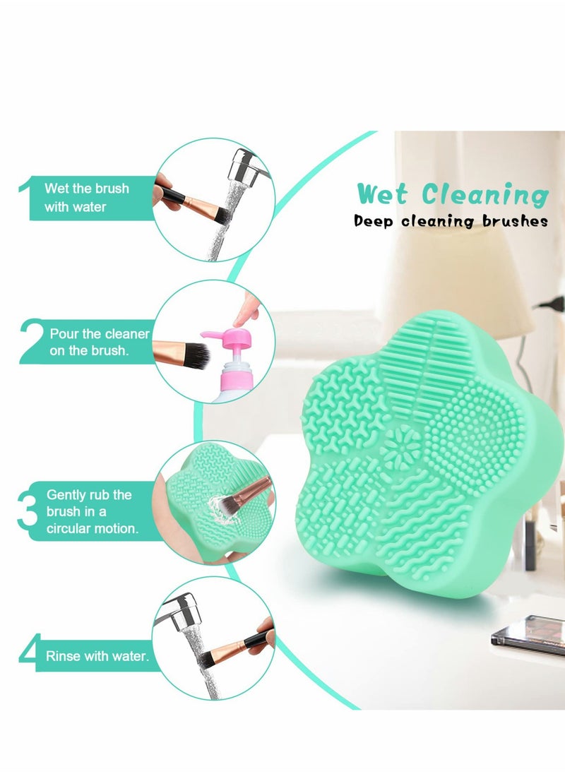KASTWAVE - 2 Pcs Makeup Brush Cleaning Mat, Cosmetic Brush Cleaning Pad with Color Removal Sponge, 2 in 1 Design Silicone Cleaner Box for Dry Brush Color Switch and Wet Cleaning, Flower Green & Pink - Image 1