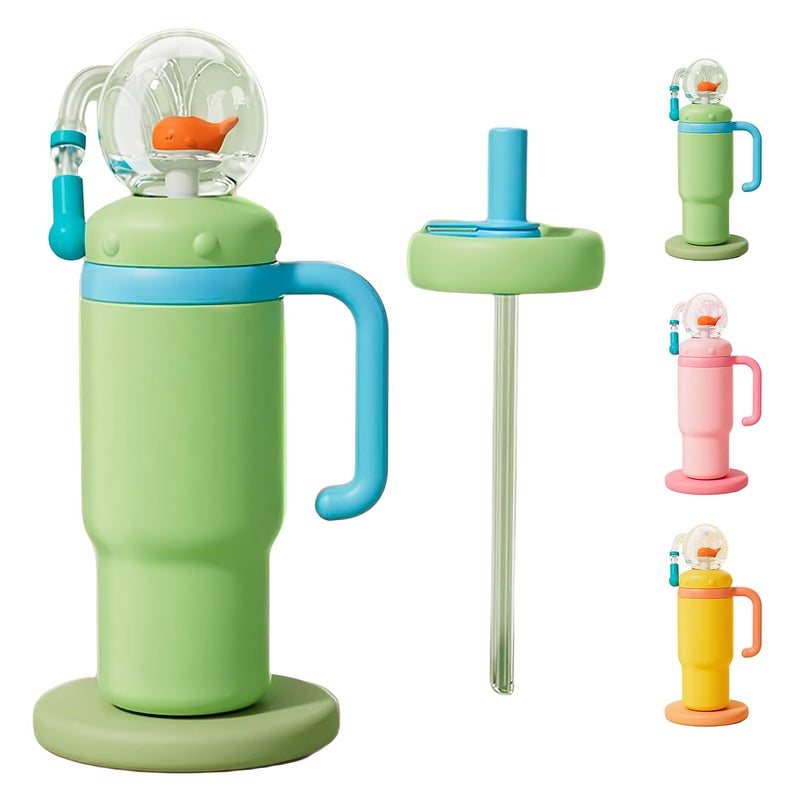 FRAGRANTGARDEN Drinking Cup With Whale Squirt, 24oz Whale Water Bottle with Handle, Insulated Stainless Steel Whale Water Cups With Two Silicone Soft Tip, Leak-Proof Whale Fountain Bottle for Kids Teens (Green) - Image 1