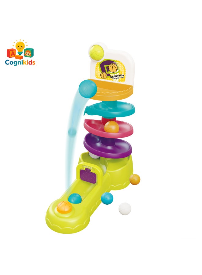 COGNIKIDS لعبة كرة السلة للأطفال الصغار - لعبة حلقة الكرة 3 في 1 مع مسار دوار وإطلاق | لعبة تنسيق اليد والعين ومهارات الحركة للأطفال من 18 شهرًا وما فوق | تشمل 3 كرات - Image 1