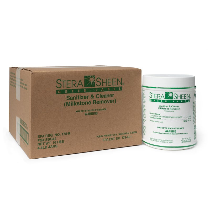 Stera Sheen Green Label 4 Count 4lb Jar | Sanitizer + Cleaner + Milkstone Remover | Cleaner and Sanitizer for Soft Serve + Shake Machines + Ice Maker & Ice Machines | By Purdy Products - Image 1