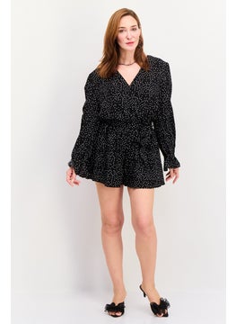 In the style Women Polka Dot Long Sleeves Belted Playsuit, Black  - Image 3