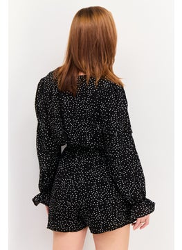 In the style Women Polka Dot Long Sleeves Belted Playsuit, Black  - Image 4