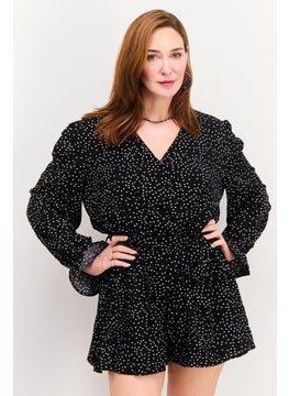 In the style Women Polka Dot Long Sleeves Belted Playsuit, Black  - Image 1