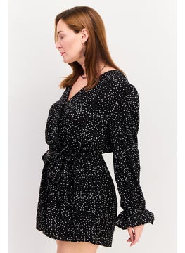 In the style Women Polka Dot Long Sleeves Belted Playsuit, Black  - Image 2