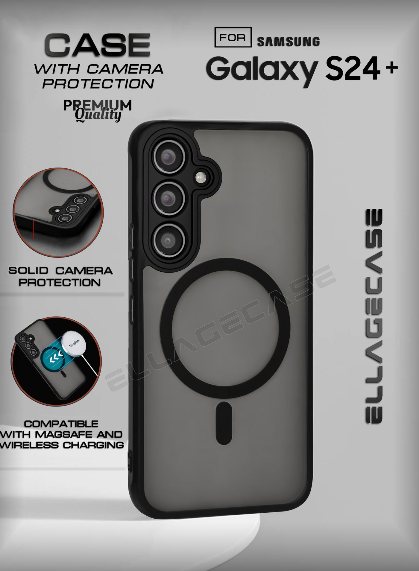 ELLAGECASE Case for Samsung Galaxy S24 Plus, Ultra Thin Frameless Case With MagSafe Wireless Charging, Solid Camera Protection, Shockproof Magnetic Black Cover