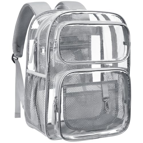 PACKISM Clear Backpack for School - 17 inch Large Heavy Duty Clear Bookbag for Boys and Girls, See Through PVC Transparent Backpacks with 2 Front Pockets for College Work, Grey (for age 12 above) - Image 1