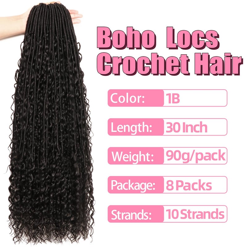 AMUMI Soft Boho Locs Crochet Hair for Black Women-30 Inch 8 Packs Goddess Faux Locs Crochet Human Hair Feeling Pre Looped with Curly Ends(1B, 30 Inch(Pack of 8)) - Image 2