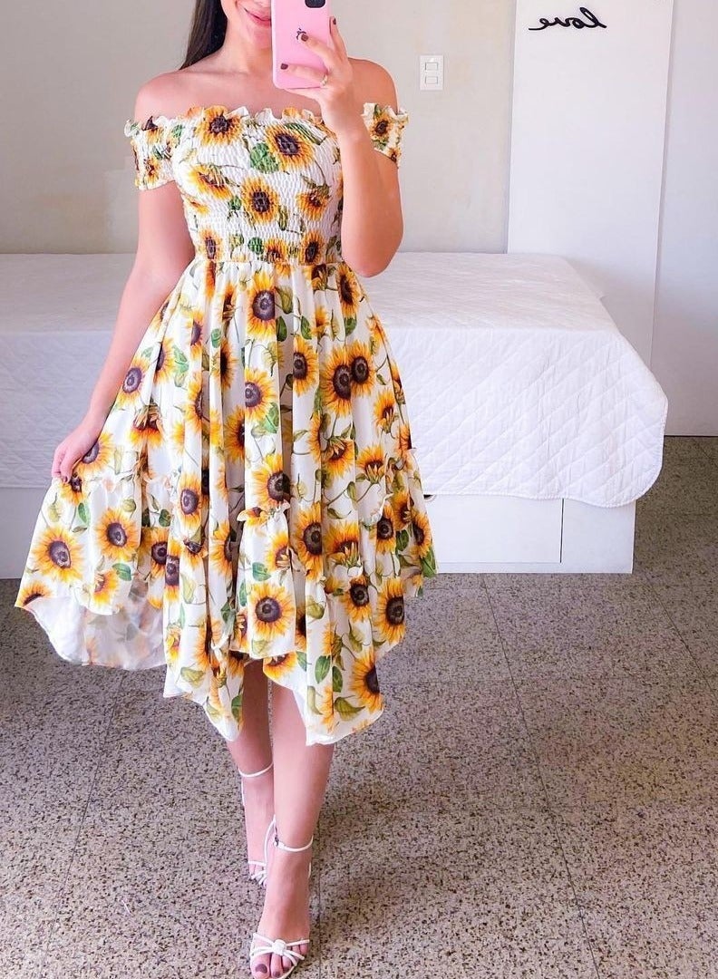 NIBEMINENT Women's Dress One-shoulder Floral Print Fashion Off-the-shoulder Long Printed Dress  - Image 1
