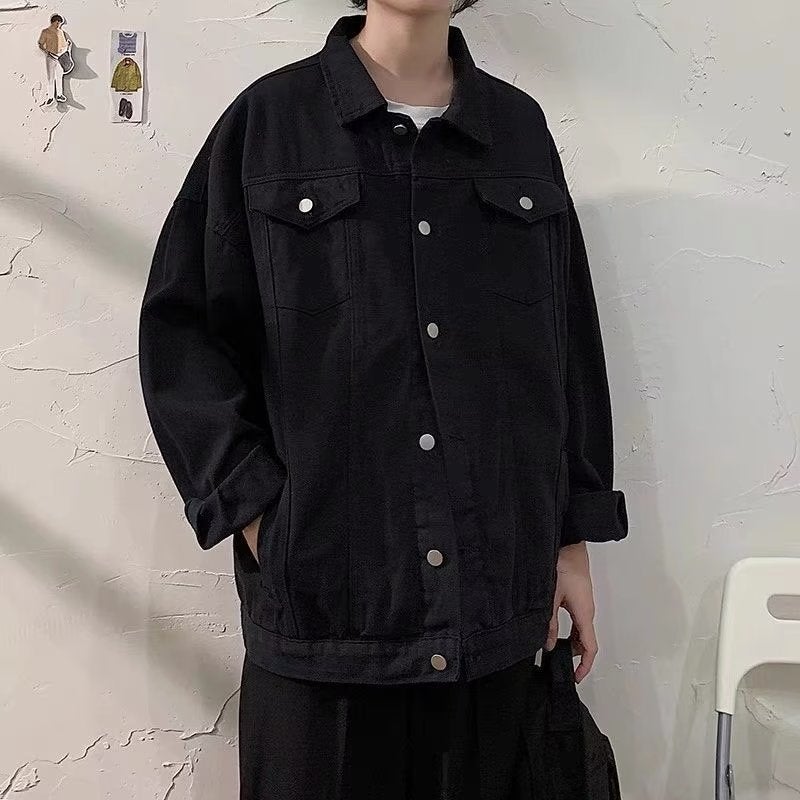 Spring and Autumn Denim coat mens Hong Kong style ruoshuai loose fashion brand workwear jacket Korean style trendy top clothes denim jacket Black - Image 5