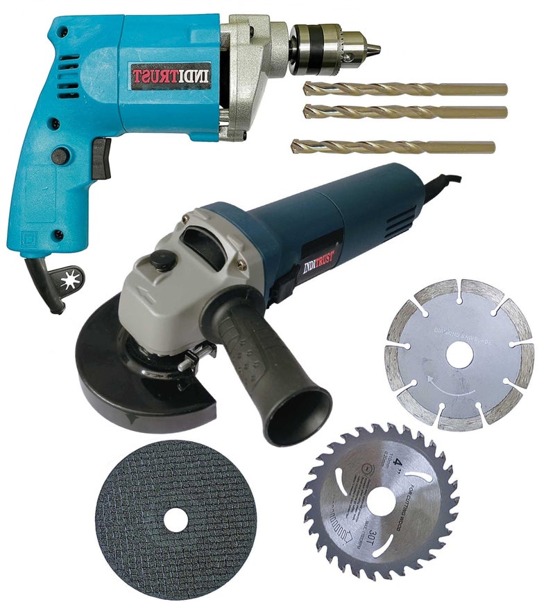 Inditrust Blue Electric Sliding Angle Grinder machine With 10mm Drill machine 3pc wheel and 3pc masonry bit set(100 mm Wheel Diameter) 100% Copper Winding - Image 1