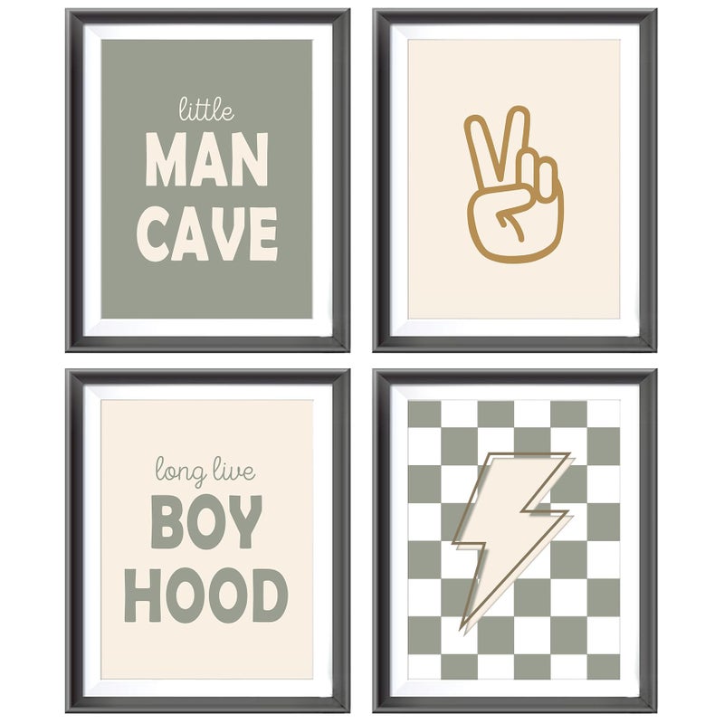 AEHIE Little Man Cave Retro Preppy Checkered Lightning Peace Sign Long Live Boyhood Poster Prints for Boy Teen Room Dorm Decor Preppy Decorations Prints Wall Art Unframed 4pcs 8x10inches Teen Boys Gifts - Image 1
