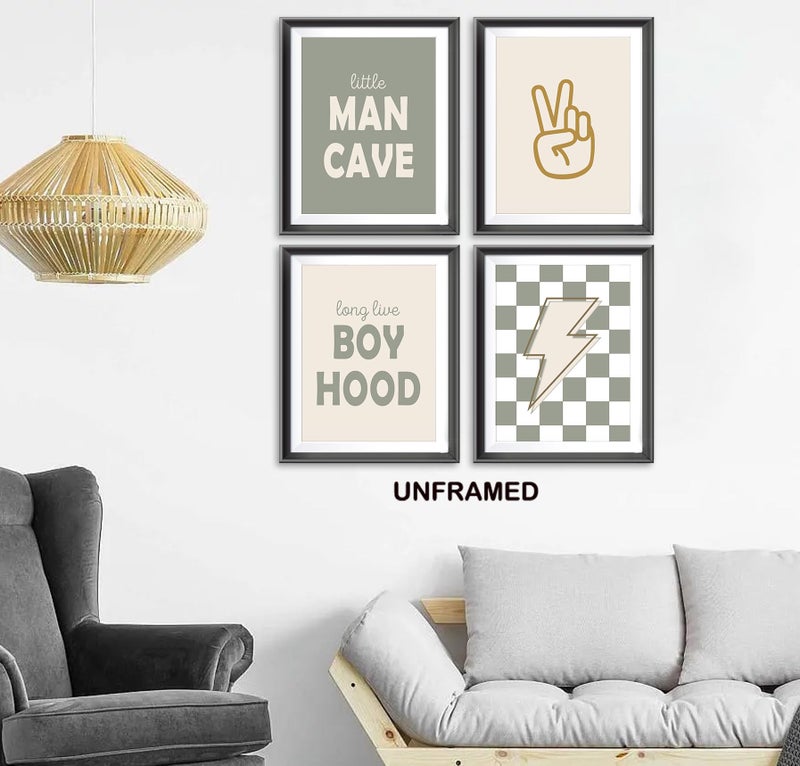 AEHIE Little Man Cave Retro Preppy Checkered Lightning Peace Sign Long Live Boyhood Poster Prints for Boy Teen Room Dorm Decor Preppy Decorations Prints Wall Art Unframed 4pcs 8x10inches Teen Boys Gifts - Image 2