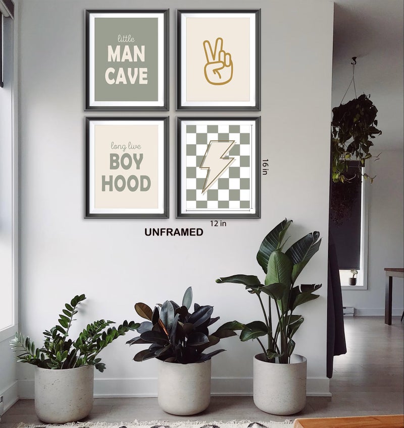 AEHIE Little Man Cave Retro Preppy Checkered Lightning Peace Sign Long Live Boyhood Poster Prints for Boy Teen Room Dorm Decor Preppy Decorations Prints Wall Art Unframed 4pcs 8x10inches Teen Boys Gifts - Image 3