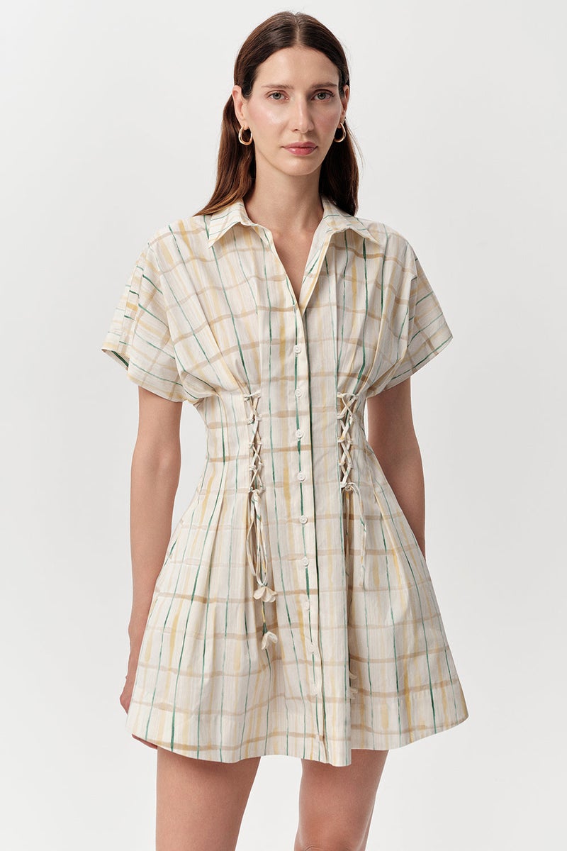 EXQUISE Shirt Collar, Waist-Fitting, Short-Sleeved Regular Mini Dress in Multicolor - Image 3