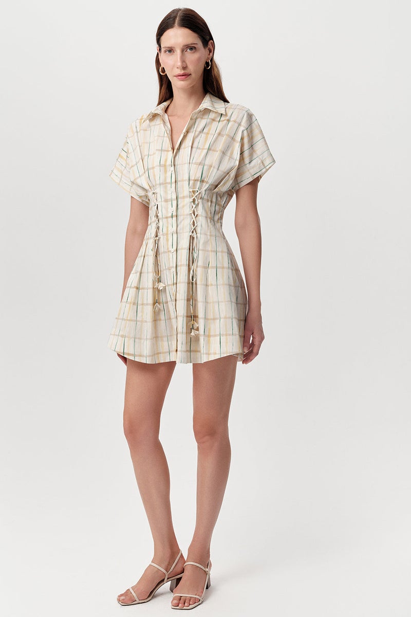EXQUISE Shirt Collar, Waist-Fitting, Short-Sleeved Regular Mini Dress in Multicolor - Image 2