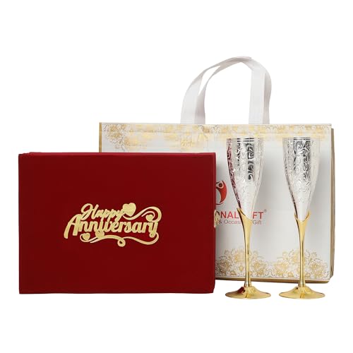 INTERNATIONAL GIFT® German Silver Wine Glass/Wine Goblet Set of 2 Pieces Glass | Happy Anniversary Customize Velvet Box with Carry Bag,300 Ml - Image 1