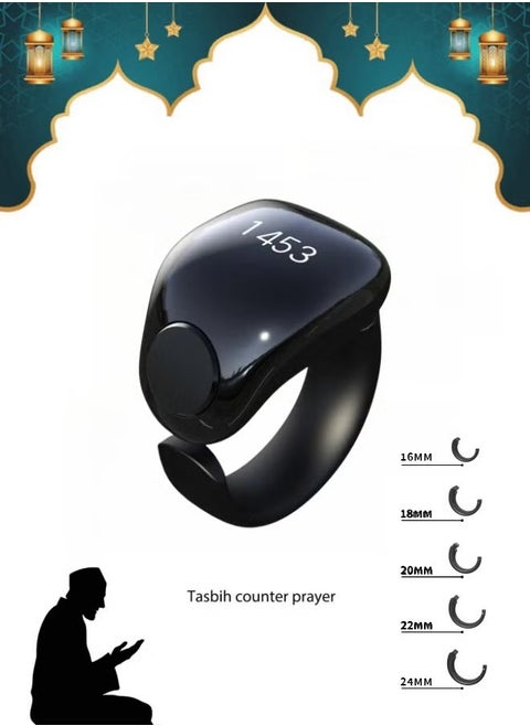 Tasbih Zikr Smart Ring, Adjustable Ring Finger Counter with 5 Sizes (16/18/20/22/24mm), APP Support Digital Counter Prayer Reminder Rings, Waterproof 4 Digit Finger Counter Zikr Ring for Muslims (Black)