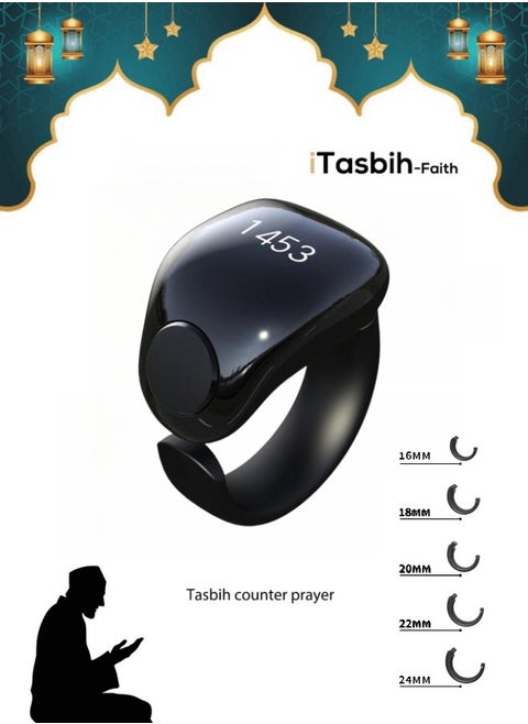 خاتم تسبيح ذكي، خاتم عداد التسبيح قابل للتعديل بـ 5 مقاسات (16/18/20/22/24 مم)، يدعم التطبيق مع عداد رقمي للتسبيح، خاتم تذكير بالصلاة مقاوم للماء بأربعة أرقام للمسلمين (أسود).