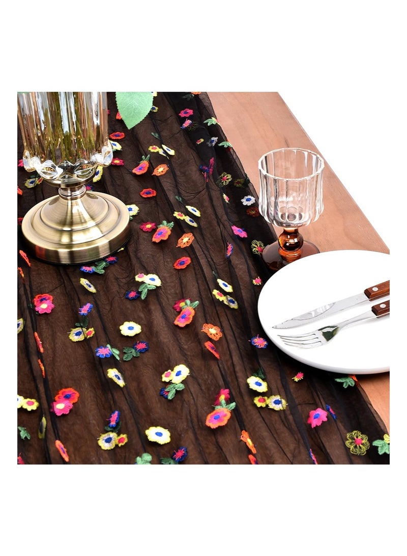 إزدنك مفرش طاولة مستطيل أسود مطرز بنقشة زهور الأقحوان الخريفية مقاس 75 سم × 300 سم، مفرش طاولة من التول الموسمي المزهر لتزيين طاولة المطبخ في العطلات والحفلات المنزلية والداخلية (أسود) - Image 3