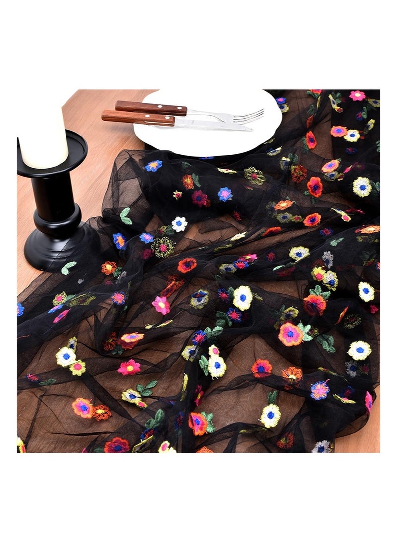 إزدنك مفرش طاولة مستطيل أسود مطرز بنقشة زهور الأقحوان الخريفية مقاس 75 سم × 300 سم، مفرش طاولة من التول الموسمي المزهر لتزيين طاولة المطبخ في العطلات والحفلات المنزلية والداخلية (أسود) - Image 4