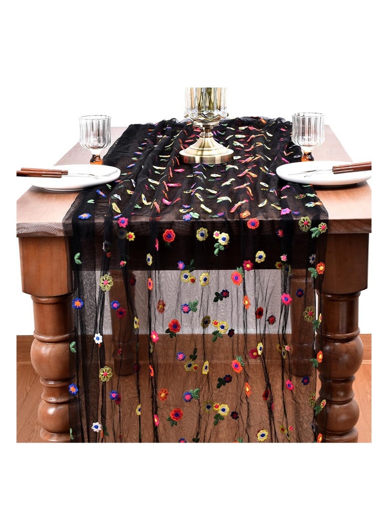 إزدنك مفرش طاولة مستطيل أسود مطرز بنقشة زهور الأقحوان الخريفية مقاس 75 سم × 300 سم، مفرش طاولة من التول الموسمي المزهر لتزيين طاولة المطبخ في العطلات والحفلات المنزلية والداخلية (أسود) - Image 1