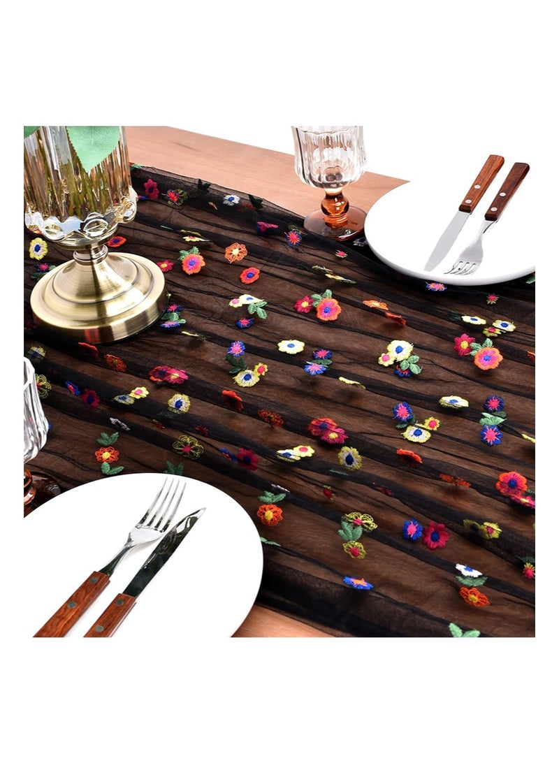 إزدنك مفرش طاولة مستطيل أسود مطرز بنقشة زهور الأقحوان الخريفية مقاس 75 سم × 300 سم، مفرش طاولة من التول الموسمي المزهر لتزيين طاولة المطبخ في العطلات والحفلات المنزلية والداخلية (أسود) - Image 2