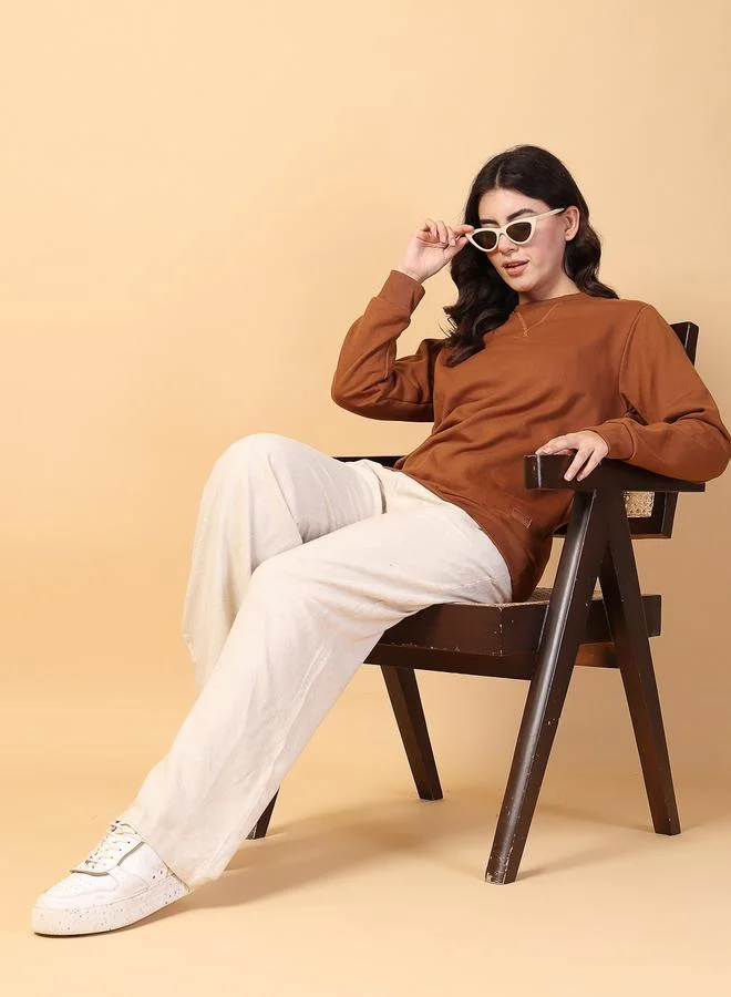 Take Two Women Brown Neck Stitch Detail Basic Fleece Sweatshirt By Rigo