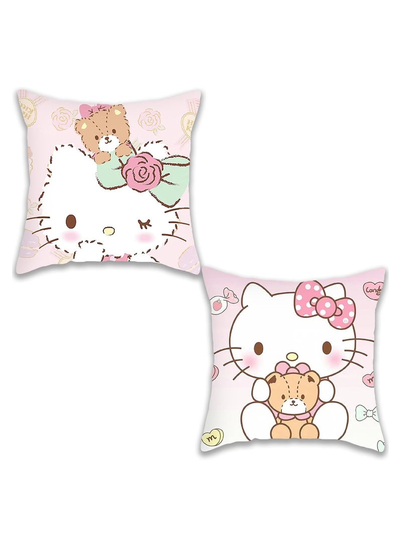 Kitty Cushion Cover, 2 Piece Set, Kawaii Square Cushion Cover Cartoon Home Decoration for Sofa Bedroom Living Room, 18 inch x 18 inch - Image 1