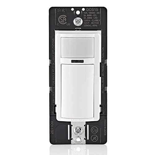Leviton Decora Occupancy Motion Sensor in-Wall Switch, Auto-On or Manual-On, 15A, Single Pole, Multi-Way or Multi-Sensor, DOS15-1LZ, White with Ivory, Light Almond Faceplates - Image 1
