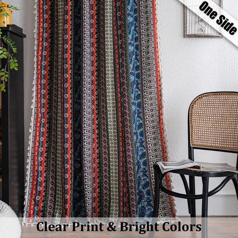 Boho Semi Blackout Striped Curtain with Tassels, 52x84 inches, Red & Blue - Image 2